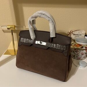 Brown Leather and Suede Top Handle Satchel 30cm